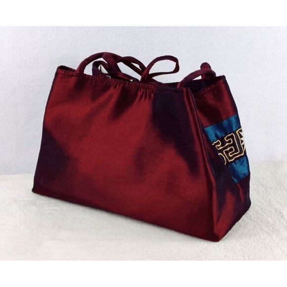 Asian Inspired Handbag Satin Look Burgundy Gold Tone Thread Embordered Flowers - Picture 5 of 9